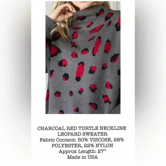 BNWT Charcoal and red Leopard mock turtleneck sweater - Picture 3 of 5